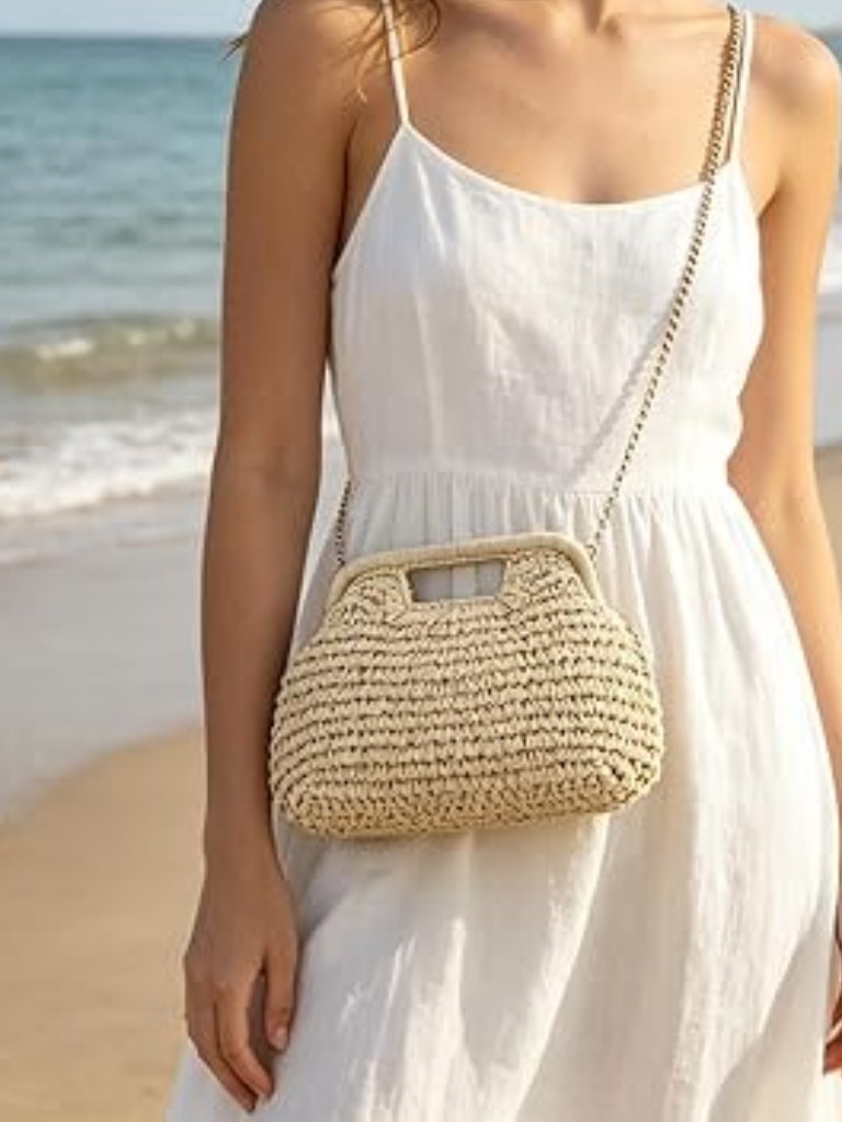 Neiman Marcus Beige Straw Beach Crochet Clutch Purse